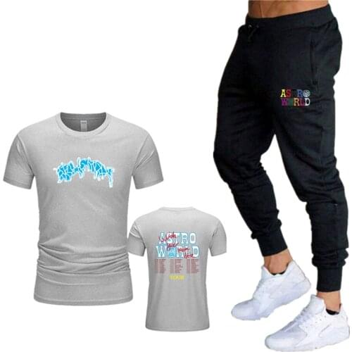Summer 2021 new fashion trend ASTROWORLD mens suit fashion printing sports short sleeve T-shirt Set + sports leisure pants set