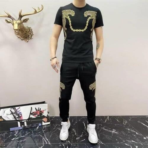 Mens hot-selling printed rhinestone short sleeve suit tiger jacket two-piece crew neck quality sportswear