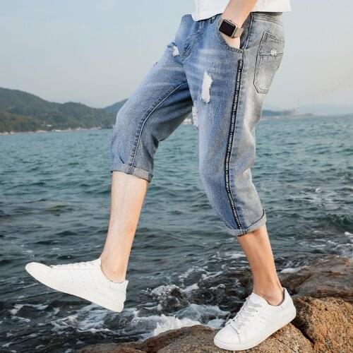 Summer 2021 denim shorts mens brand new light-colored casual calf length thin 7-point hole breeches teenager 3/4 cropped pants