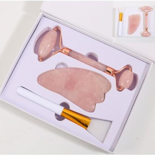 Facial Massager Rose Quartz Roller Double-headed Face-lifting Massager Jade Roller Natural Stone Eye and Neck Slimming Care Kit