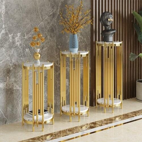Zq Marble Flower Stand Living Room Stainless Steel Shelf TV Cabinet Floor-Standing Decoration