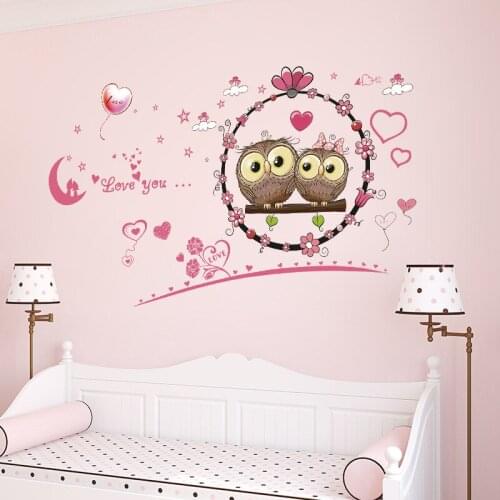 Cartoon Love you Owl Wall Sticker PVC Art For Bedroom Background Removable Muurstickers Home Decor Adesivo De Parede Infantil