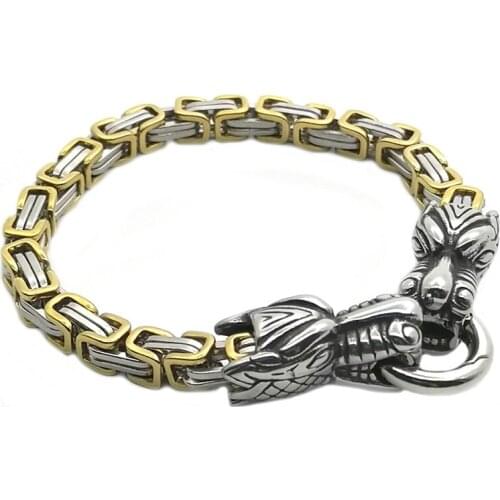 Men Stainless Steel Wolf Head King Chain Bracelet Nordic Viking Wolf Totem Jewelry Viking King Chain