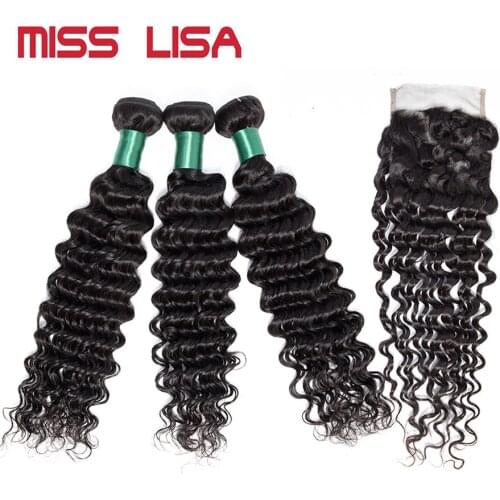 MIiss Lisa Deep Wave 3 Bundles with 4x4 Lace Closure 100% Human Hair Bundles Extension Non-remy 8-30 inches