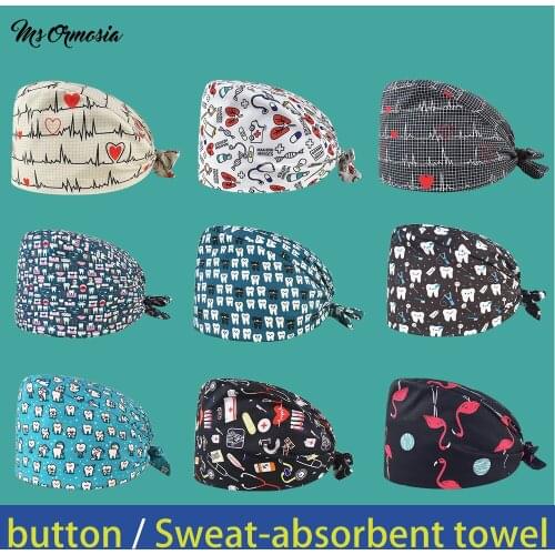 Wholesale high quality Cartoon print adjustable Scrub hats beauty salon work cap laboratory pet shop fashion scrub cap custom