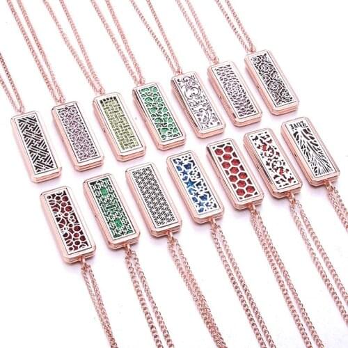 Rose Gold Aromatherapy Necklace Pendant Diffuser Jewelry Rectangle Vintage Flower Aroma Diffuser Necklace Pendant Lockets