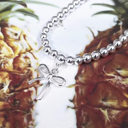 Sterling Silver 925 Classic Pop Fashion Bow Charm Lady 4mm Ball Bead Bracelet Holiday Gift