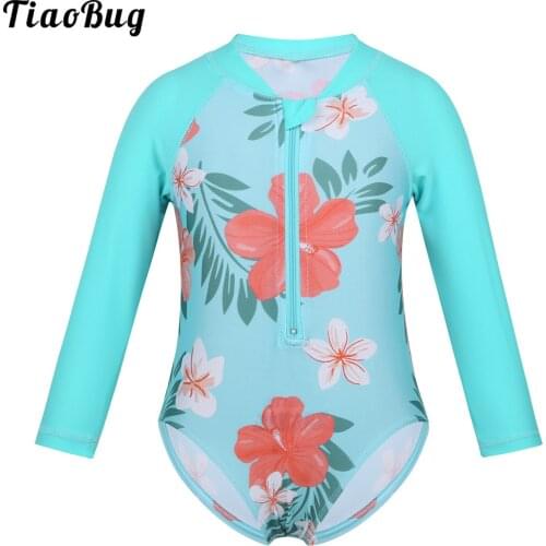 TiaoBug Summer Kids Girls One-Piece Long Sleeves Flower Printed Front Zipper Swimsuit Swimwear Bathing Suit Rash Guard