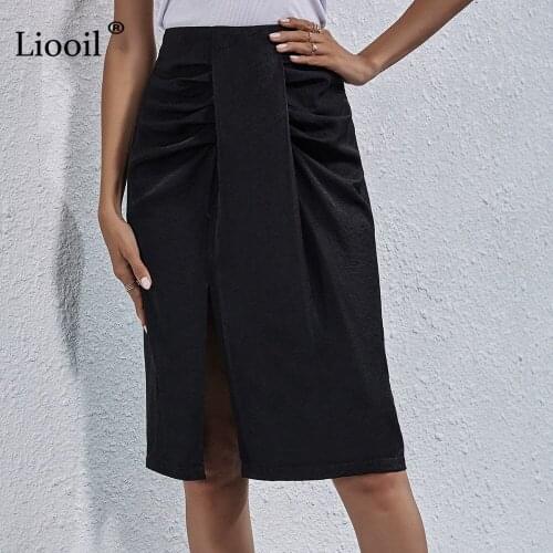 Black Asymmetric Slit Midi Skirt For Women 2021 Ruched Zipper Up Spring Autumn Clothes Skinny Elegant Ladies Patchwork Skirts