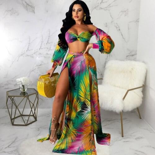 Womens Two Piece Dress Set Leaves Print Slash Neck Long Sleeve Crop Top and Double High Split Maxi Skirt Summer Beach Outfits