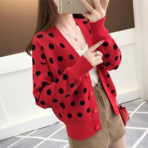 Womens New V-neck Polka-dot Thin Knit Sweater Womens Cardigan Spring Korean Loose Jacket Women