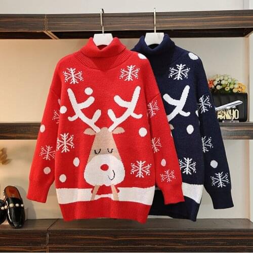 Women Sweater Christmas Sweater Autumn Winter New Fashion Turtleneck Casual Full Sika Deer Girls Sweater for Teenage Girls