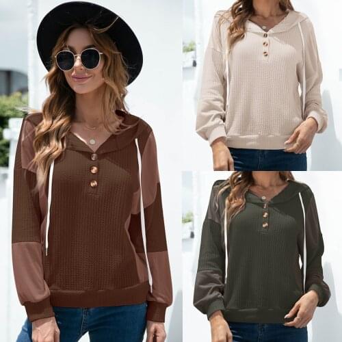 Womans Top Spring Autumn Loose Patchwork T-Shirts Button V-Neck Long Sleeve Tops Womens Clothing 2021 Casual Y2K Ropa Mujer