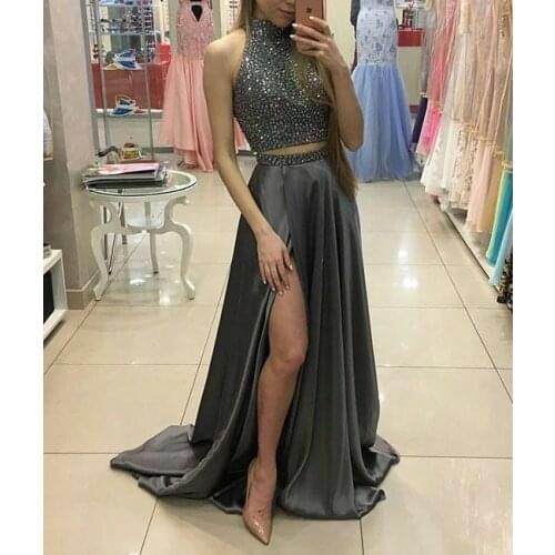 Womens Long Grey Beaded Mermaid Two Pieces Prom Dresses with Slit Robe De Soiree Zipper Back Satin Formal Party Dresses