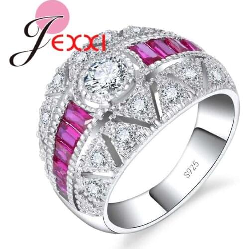 Trendy White & Red CZ Crystal Wide Rings 925 Sterling Silver Finger Jewelry for Women Gilrs Wedding Christmas