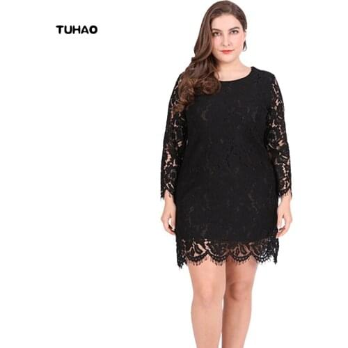 TUHAO High Quality Women Office Lady Elegant Lace Autumn Crochet Casual Long Sleeve Plus Size 6XL 5XL 4XL Black Dress SJ12