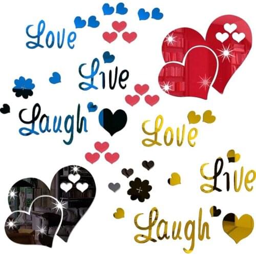 1Set Mirror Wall Stickers Love Live Laugh and Heart Self-adhesive DIY Home Art Creative Acrylic Wall Kids Living Room Decor