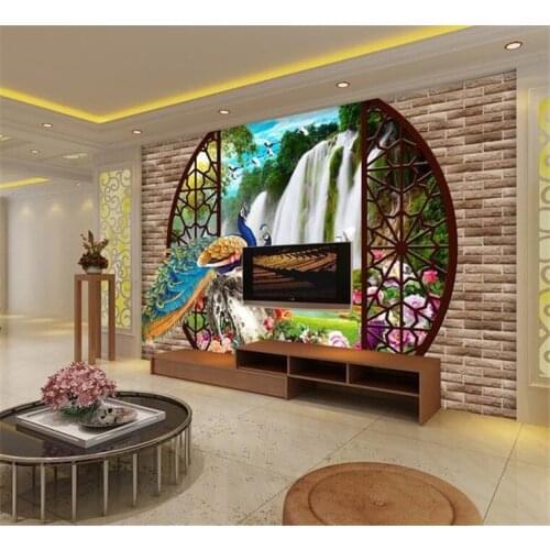 3d peacock waterfall views murals Europe TV backdrop brick wallpaper living room bedroom murals papel de parede