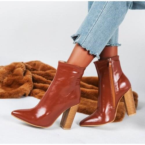 Nice Design Martin boots Pointed Toe Ankle Boots Female Black Motorcycle Boots Ladies Zip Square Chunky High Heels Shoes Woman