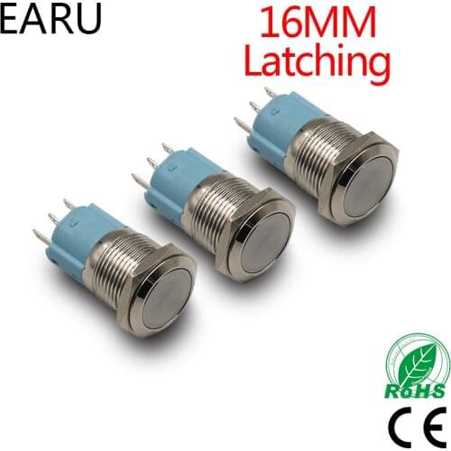 DIY Free Shipping 16mm Waterproof Stainless Steel Metal Latching Push Button Switch Flat Head Self-lock 3A AC 250V Button Switch