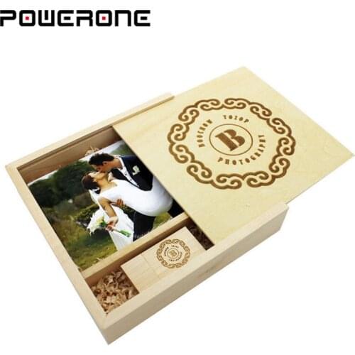 POWERONE free customer LOGO Maple Wood Photo Album pen usb+Box Memory stick Pendrive 4GB 16GB 32GB 64GB Photography Wedding gift