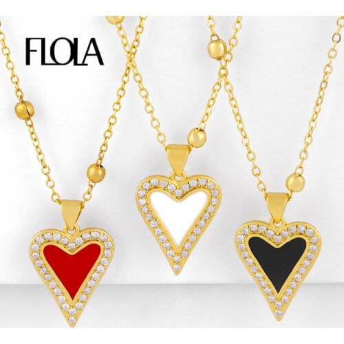 FLOLA Gold Filled Red Heart Necklaces For Women Enamel Pendents Necklaces Cubic Zirconia Long Bead Chain Women Jewelry nkeq14
