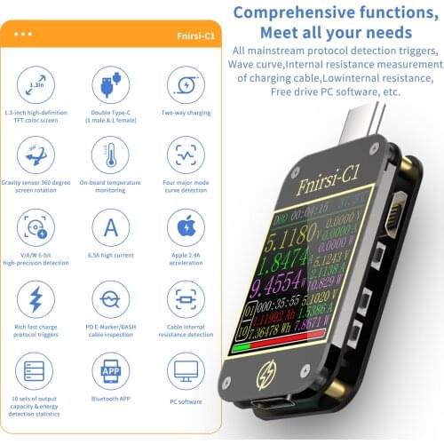 FNIRSI-C1 Type-C PD Trigger USB-C Voltmeter Ammeter Fast Charging Protocol Test Type-C Meter Power Bank tester With PC Software