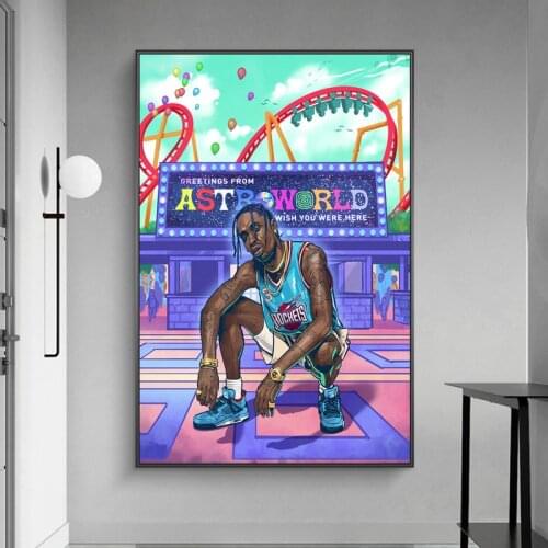Hip-Hop Singer Travis Sccot In The Sky Cartoon Picture On Canvas Poster Painting Art Prints Wall Decoration For Living Room