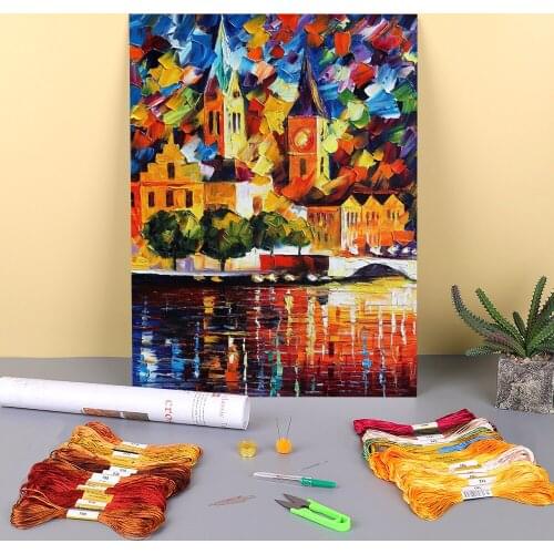 Oil Painting Style Dark Town Printed 11CT Cross-Stitch Patterns Embroidery DMC Threads Hobby work Handicraft Handiwork Floss