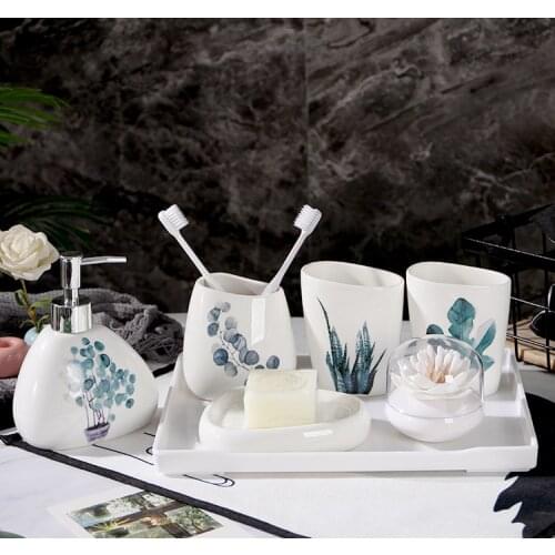 Nordic Green Plants Ceramic 6pcs/Set Bathroom Products Wedding Bath Set Ceramic Bathroom Accessories Melamine Tray Christmas Hom