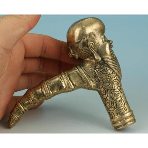 Chinese Old Hand Bronze Carved Buddha Sage Statue Walking SticK Head