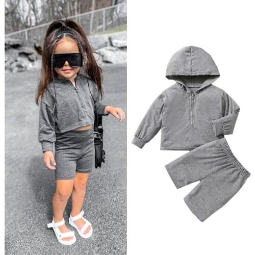 1-6Years Toddler Baby Boy Girl Autumn Clothing Set Long Sleeve Hooded Top Solid Shorts 2Pcs