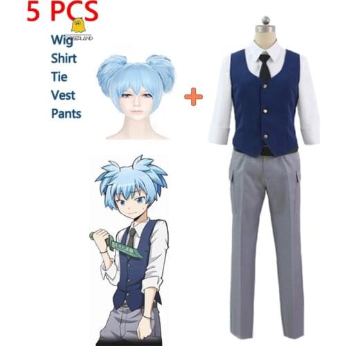 Anime Assassination Classroom Shiota Nagisa Cosplay Costume School Boy Uniform Blue Wig Tie Vest Halloween Christmas Party Suit
