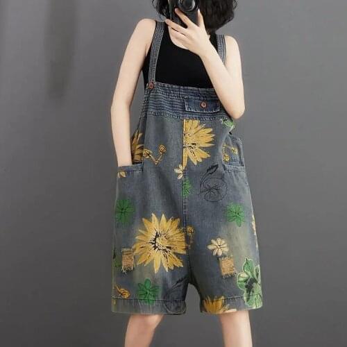 Summer Retro Print Strap Denim Shorts Female Korean 2021 Loose Plus Size wide Leg Knee Length Jumpsuit Sling Jeans Shorts Women