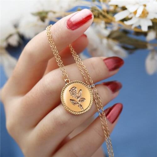Gold Alloy Round Pendant Necklace for Women Simple Female Long Chain Coin Necklace Rose Flower Collier 2020 Wholesale Jewelry