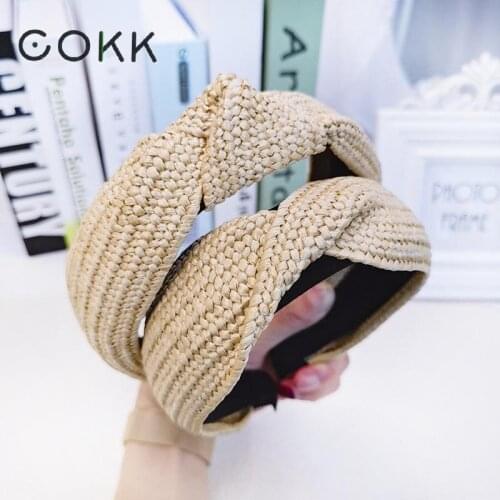 COKK Straw Hairband Hair Accessories For Women Handmade Woven Korean Holiday Hair Hoop Headdress Knot Cross Headband Vacation