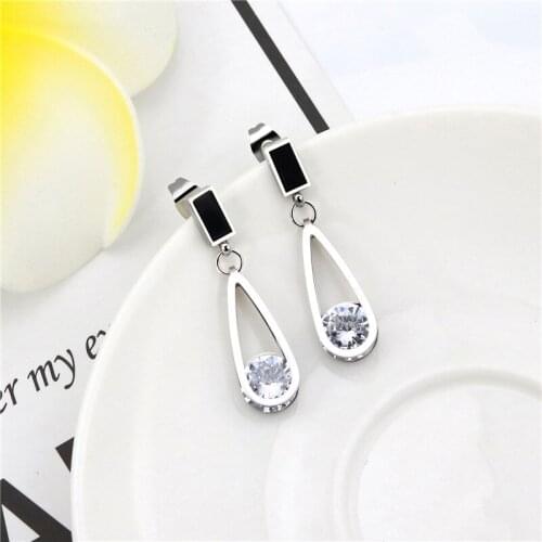 Fashion Water Drop Zircon Pendant Earrings Stainless Steel For Women Girls High Grade Geometric Stud Ear Jewelry Party Gifts