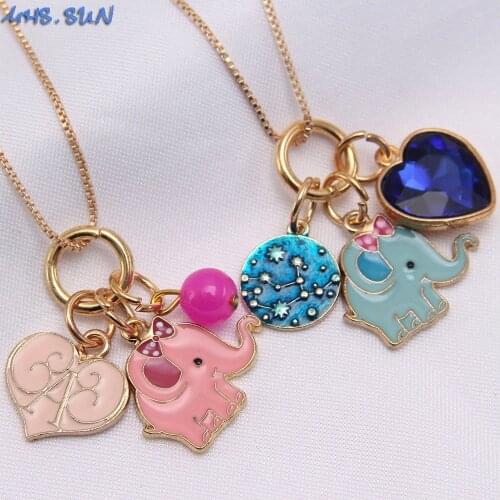 MHS.SUN Cute Baby Kids Fashion Animal Elephant Necklace With Heart Pendant DIY Girls Jewelry Gold Color Chain Necklace Gift 1PC