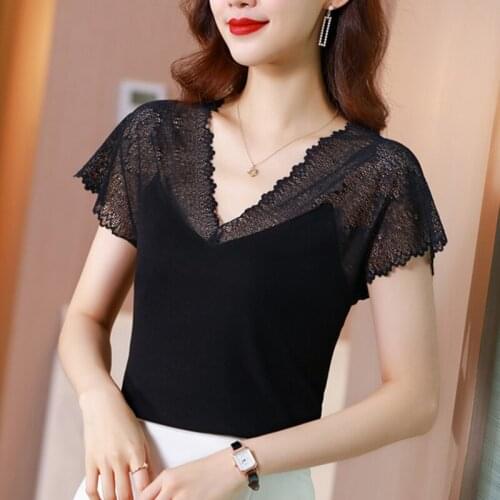 Summer Korean Fashion Lace T-shirts for Women Vintage Tops for Women Loose Black Transparent Office Lady Shirts