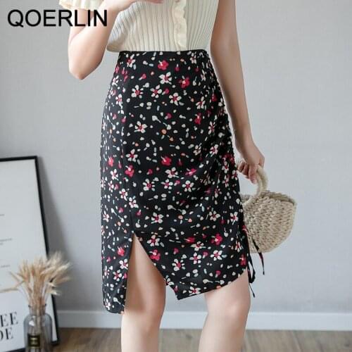 QOERLIN Drawstring Split Printed Black Skirts Women Summer New Chiffon Floral A-Line Short Skirt High Waist Mini Skirt Plus Size