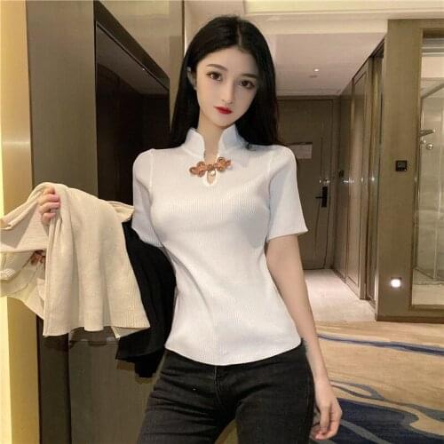 Woman TShirts Summer Wear 2021-Button Mid Short Sleeve Knitwear Womens Clothing Crop Top Mujer Camisetas