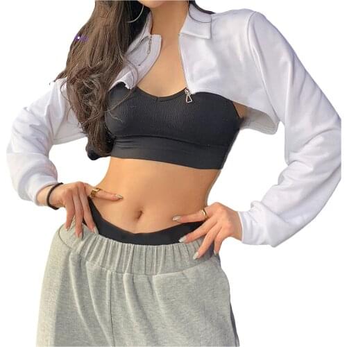Women Solid Color Navel Long Sleeves with Zipper Decoration Sexy Style Elastic Cuffs Spring Autumn Clothing