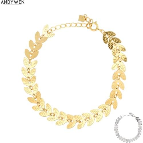 ANDYWEN 2020 New 925 Sterling Silver Leafs Charm Bracelet Women Fashion Crystal Special Chain Jewelry For Girl Thick LargeGift
