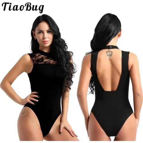 TiaoBug Women Cotton Halter Sleeveless Lace Splice Ballet Leotard Dancewear Lady Gymnastics Leotard Bodysuit Stage Dance Costume