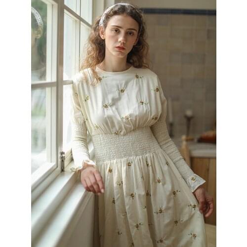 Dress For Women Spring Summer Women Vintage Elegant Slim Dress Mori Girls Romantic French Flower Embroidery Slim Cotton Dresses