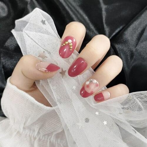 24pcs Fake Nails With Designs Round Red Bean Paste Diamond Nail Art Glossy Nails Wearable Nail Artificial Nails With Glue DL