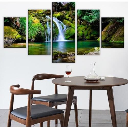 Canvas HD Prints Paintings Wall Art Framework Home Decor 5 Pieces Forest Lake Waterfall Pictures Green Natural Landscape Posters