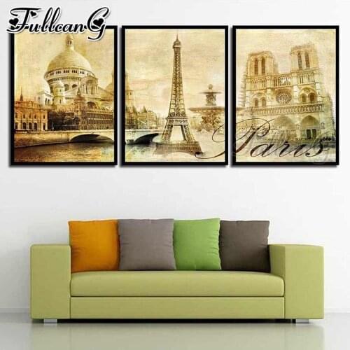 FULLCANG 5d diy diamond embroidery french city landscape diamond painting triptych full square round drill decoration FC2198