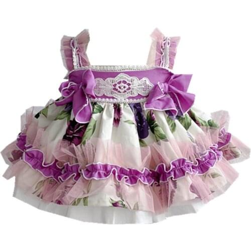 Baby girl summer vintage Spanish lolita printed ball gown dress kids cute bow strap birthday party princess dress