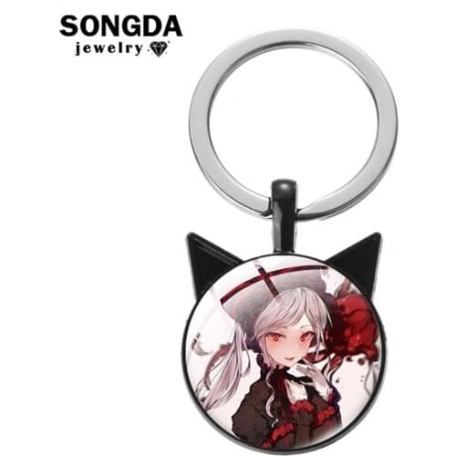 SONGDA Anime Overlord Series Keychain Convex Round Glass Surface Cat Ears Shaped Metal Pendant Jewelry for Otaku Trinkets Gifts